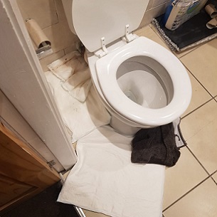 FloodSax protecting the floor from a leaking toilet