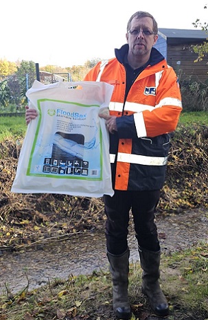 Norfolk and Suffolk 4x4 Response events co-ordinator Rob Hawley with a pack of 5 FloodSax sandless sandbags