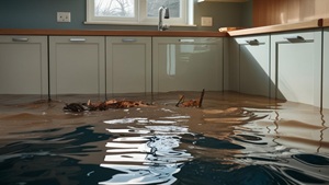Filthy floodwater inside a kitchen