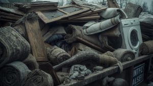 Contents of a flooded house in a skip for landfill